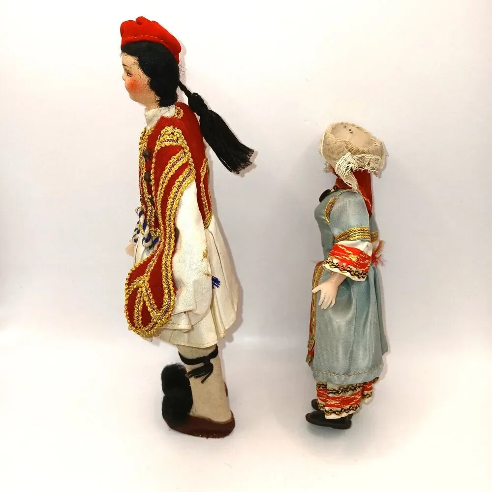 Lot Of 2 Vintage Greek Cloth Costume Dolls 7 & 9 inches tall